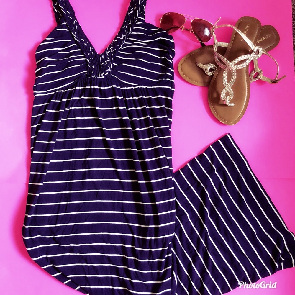 Navy and White striped sleeveless maxi dress ~ S~
